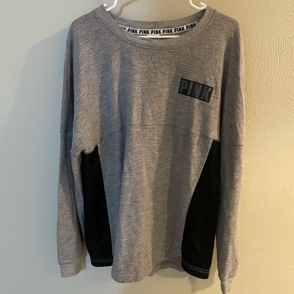 PINK Grey and Black With Leather Trim Long Sleeve Top